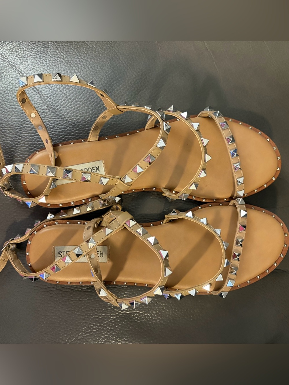 Steve Madden Tan Pyramid-Stud Strappy Sandals